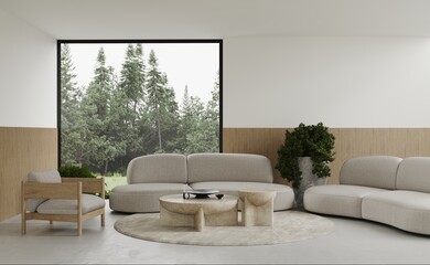 Aesthetic modern minimalist living room with a grey sofas, beige armchair and forest view from the panoramic windows. Decor round carpet on concrete floor, coffee tables,  plants in a stone pots