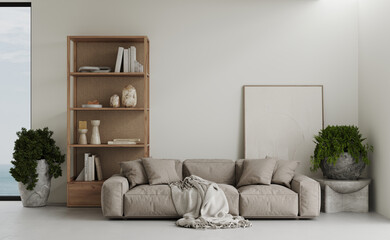 Aesthetic modern minimalist living room with a beige sofa and ocean view from the panoramic windows.  Open wicker shelving with books and decor., plants in a stone pots. Frame mockup