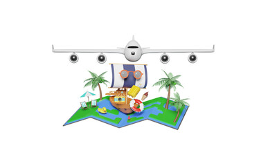 Fototapeta premium 3d ship with plane, map, pin, umbrella, palm, tree, camera, suitcase, lifebuoy, beach chair, duck isolated. abstract background, map earth, summer travel concept, 3d render illustration