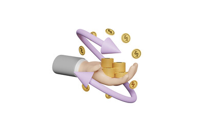 businessman hands holding stacked coin money isolated. transfer arrows, cashback, saving money wealth business concept, 3d illustration, 3d render