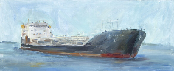 Painting oil on cardboard. "Cargo ship on river". Sketch.