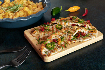 Grilled chicken breast cooked with three different colors chili peppers and aromatic herbs. Baked potatoes on the background.