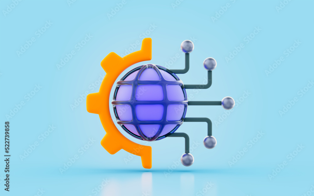 Wall mural globe sing with half gear connectivity 3d render concept for digital transformation technology