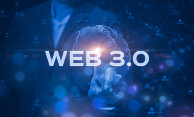 Double exposure of businessman touches global network data and web 3.0 connection, Technology...