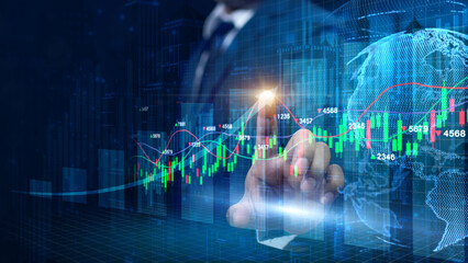 Double exposure of  Businessman touches up arrow with a trading graph candlestick, Global finance...