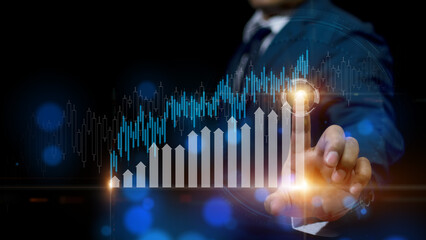 Double exposure of  Businessman touches up arrow with a trading graph candlestick, Global finance...