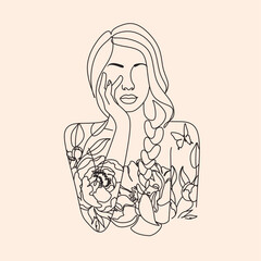 Peony woman line art portrait. Flower Head Woman Line Drawing. Surreal Minimalist Art. Beauty Salon logotype. Long Lash tattoed girl
