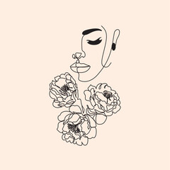 Peony woman line art portrait. Flower Head Woman Line Drawing. Surreal Minimalist Art. Beauty Salon logotype. Long Lash tattoed girl
