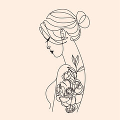 Peony woman line art portrait. Flower Head Woman Line Drawing. Surreal Minimalist Art. Beauty Salon logotype. Long Lash tattoed girl
