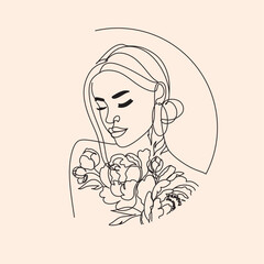 Line art minimalist floral woman face . beauty salon logo. Peony flowers