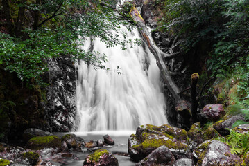 Obraz premium Waterfalls along the way while climbing the hill Penygader (Dolgellau)Cadair Idris, National Park Snowdonia in Wales, UK 2022.