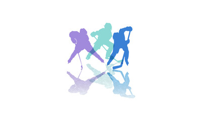 Hockey players on the ice in the attack throwing off the reflection. Silhouettes of players on a white background. Flat vector design with place for text