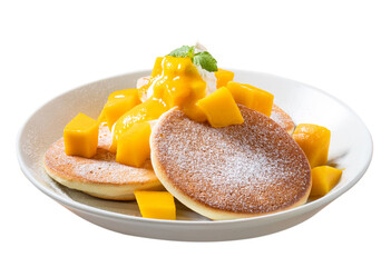 Fototapeta na wymiar Delicious Japanese souffle pancake with dice mango and jam on white table background.