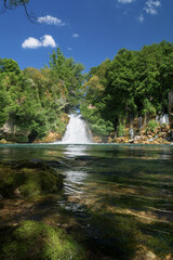 Low angle view of Bilusica buk waterfall in Krka National Park, Croatia