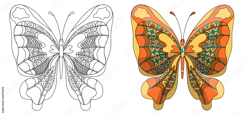 Wall mural Set butterfly. Coloring page for adults antistress in zentangle style.