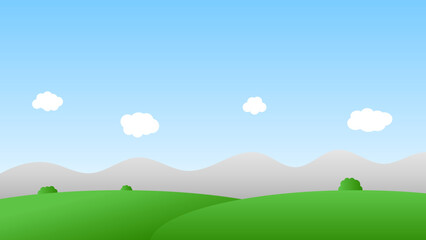 landscape cartoon scene with green trees on hills and white fluffy cloud in summer blue sky background 