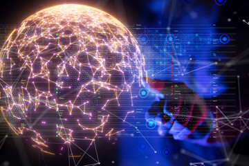 Neural network 3D illustration. Big data and cybersecurity