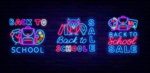 Back to school sale neon signboards collection. Owl and backpack icons. Light greeting card. Vector stock illustration