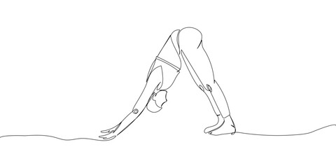 Girl doing yoga, downward facing dog pose one line art. Continuous line drawing sports, fitness, pilates, athletics, strength, athletic, asana, athlete, woman, gym, stretching, sexy body workout.