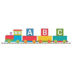 Wooden train with cars and letters ABC, back to school, color vector illustration in flat style