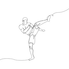 Kickboxer kicking, mixed martial arts fighter one line art. Continuous line drawing boxing, battle, MMA, strength, kickboxing, taekwondo, fights without rules, sport. Hand drawn vector illustration