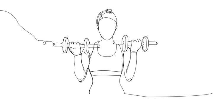recommend clip art: Girl with stacked dumbbells one line art. Continuous line drawing sports, fitness, physical education, bodybuilding, muscle building, gym, sexy body, woman.