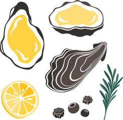 Oysters with spices. Set of shellfish isolated vector illustrations.