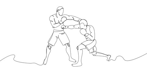 Two boxers in a full body fight one line art. Continuous line drawing boxing, protective mask, boxing gloves, fight, battle, competition, sport.