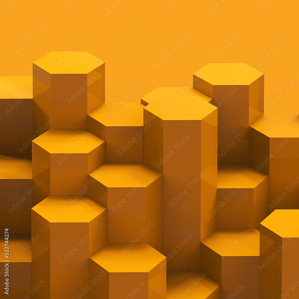 Poster yellow hexagon pattern backdrop background. 3d rendering.