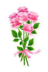 Bouquet of pink roses with bow isolated on white background
