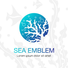 Sea emblem. Underwater tropical life icon. Sign for oceanarium, aquarium or travel company.