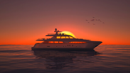 Fototapeta na wymiar modern yacht in sunset with flying birds