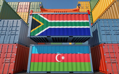 Cargo containers with South Africa and Azerbaijan national flags. 3D Rendering