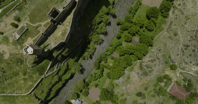 Overhead View Of Khertvisi Fortress With Estuary Of Rivers Paravani And Mtkvari In Aspindza Municipality, Southern Georgia. Aerial Topdown Shot