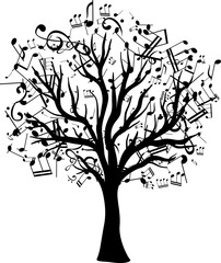 Tree with flying around notes. Vector isolated decoration element from scattered silhouettes. Conceptual illustration of growth and life .