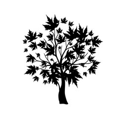 Tree with flying around maple leaves. Vector decoration from scattered elements. Monochrome isolated silhouette. Conceptual illustration.
