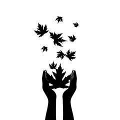 Hands with flying up maple leaves . Vector decoration from scattered elements. Monochrome isolated silhouette. Conceptual illustration.