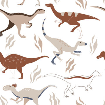 Cute dinosaurs on a white background run between plants. Seamless pattern with wild prehistoric animals