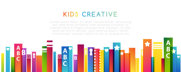 Colorful books. Horizontal border. Kids creative conceptual vector illustration.