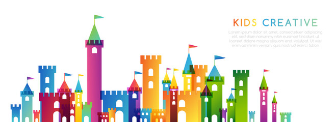 Kids imagination castle. Colorful childhood fantasy fort with rainbow towers. Horizontal border for design kids club, preschool room or kindergarten