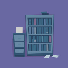 Stylized Messy Office Book Shelf Vector Illustration Retro Cartoon Style