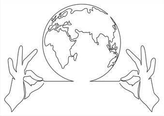 One line drawing of hands holding Earth globe. Save the planet concept.