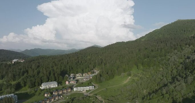 Luxury Hotels And Villas At Bakuriani Ski Resorts With Coniferous Forest Mountains In Georgia. Aerial Drone Shot