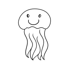 Monochrome picture, small jellyfish with a smile, Sea life, vector cartoon