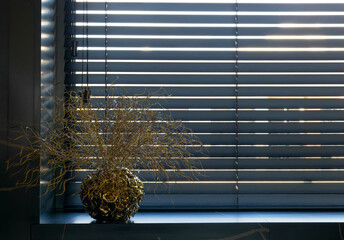 Wooden blinds black color closeup on the window. Bamboo slats 50mm wide. Venetian wood blinds in the kitchen. Round vase gold color is on the windowsill.