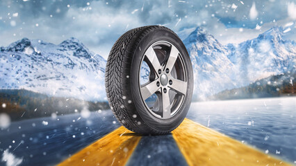 Winter tires on a frosty road in snowfall.
