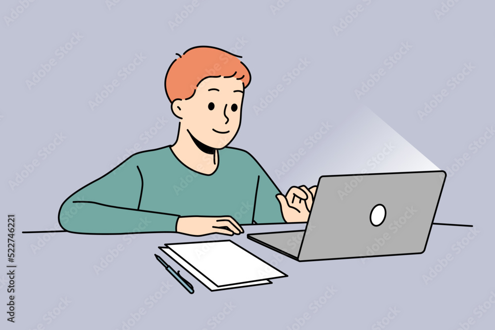 Poster happy boy child sit at desk studying online on computer. smiling kid use laptop having remote class 