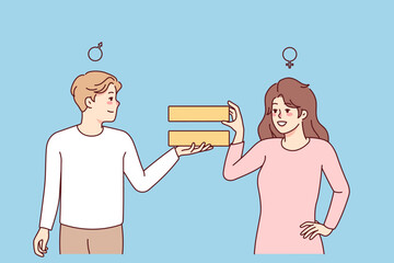 Smiling man and woman holding equality sign. Happy male and female cartoons character show gender equality and rights. Vector illustration. 