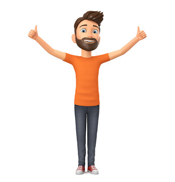 Cartoon character guy in an orange t-shirt shows two thumbs up on a white background. 3d rendering illustration.