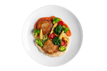 Mashed potatoes with cutlets, broccoli, tomatoes, mung bean salad, corn, spinach and sauce
